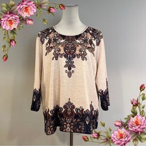 Alfred Dunner paisley print rhinestone embellished sweater with see through back